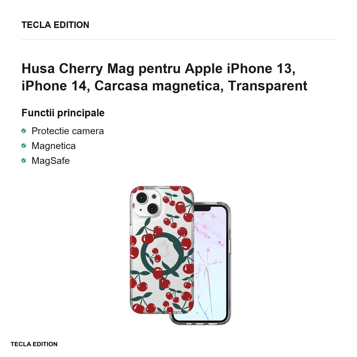 Husa Cherry Mag pentru Apple iPhone 13, iPhone 14, Carcasa magnetica, Transparent [2]