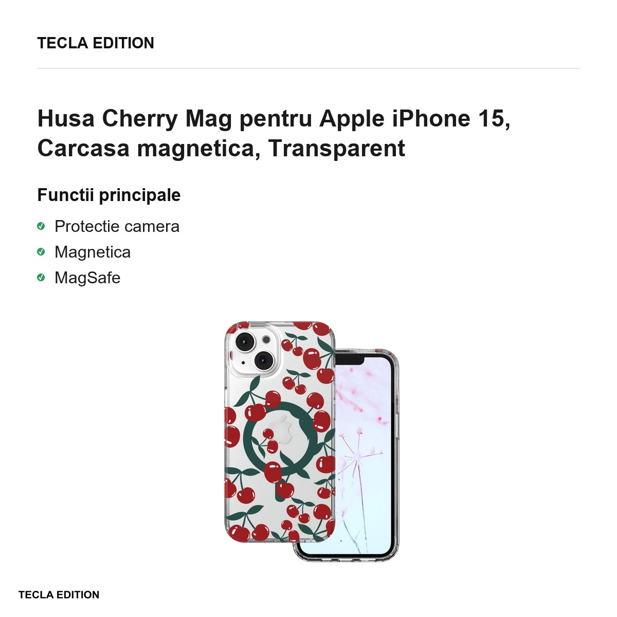 Husa Cherry Mag pentru Apple iPhone 15, Carcasa magnetica, Transparent [2]
