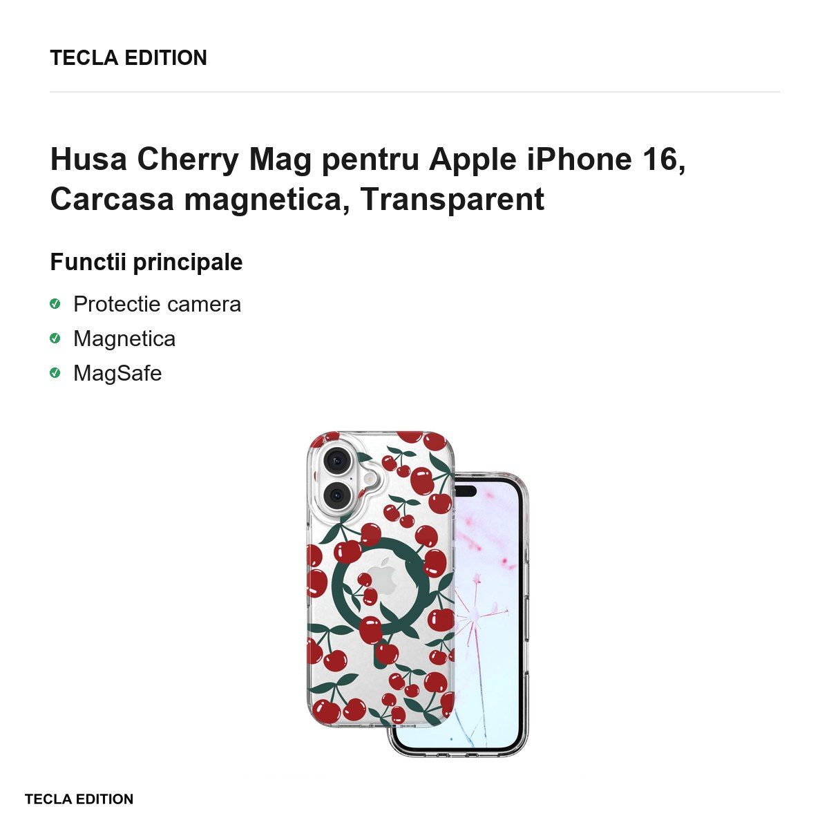 Husa Cherry Mag pentru Apple iPhone 16, Carcasa magnetica, Transparent [2]
