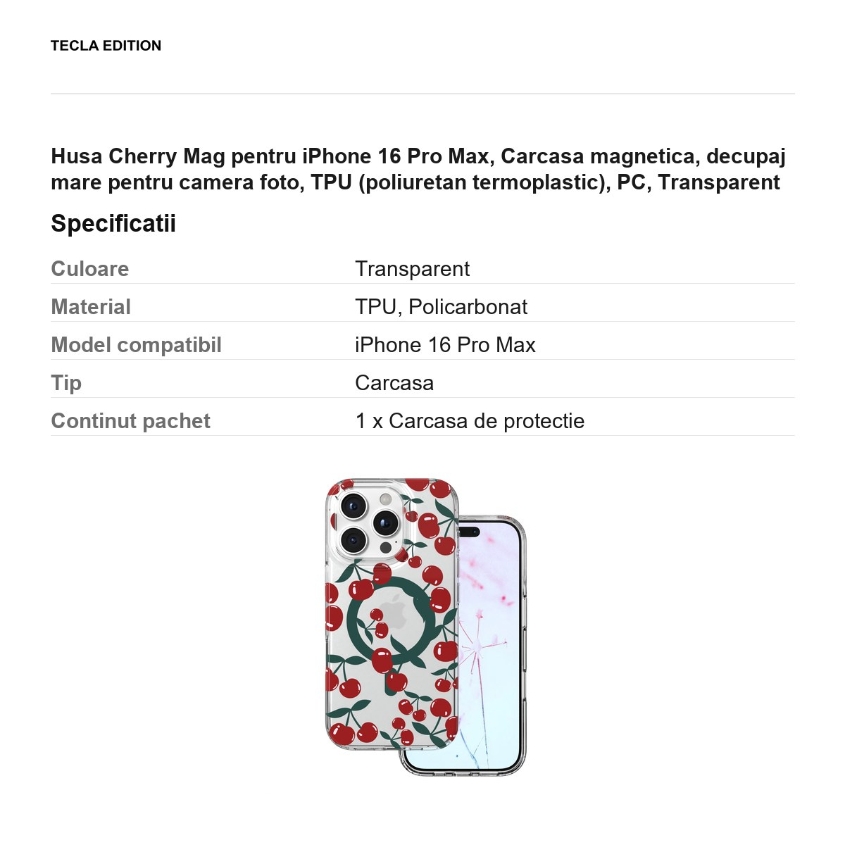 Husa Cherry Mag pentru iPhone 16 Pro Max, Carcasa magnetica, decupaj mare pentru camera foto, TPU (poliuretan termoplastic), PC, Transparent [3]