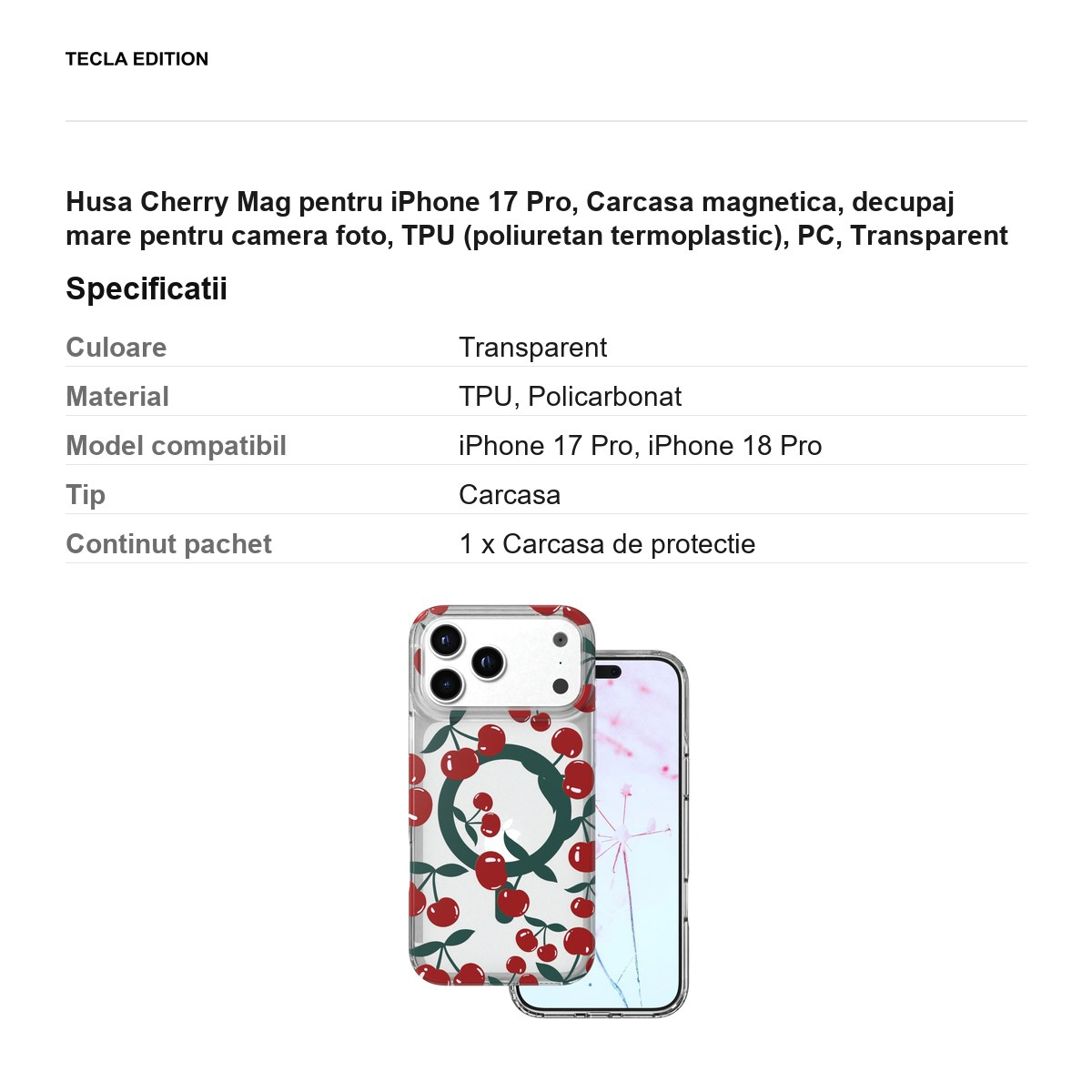 Husa Cherry Mag pentru iPhone 17 Pro, Carcasa magnetica, decupaj mare pentru camera foto, TPU (poliuretan termoplastic), PC, Transparent [3]