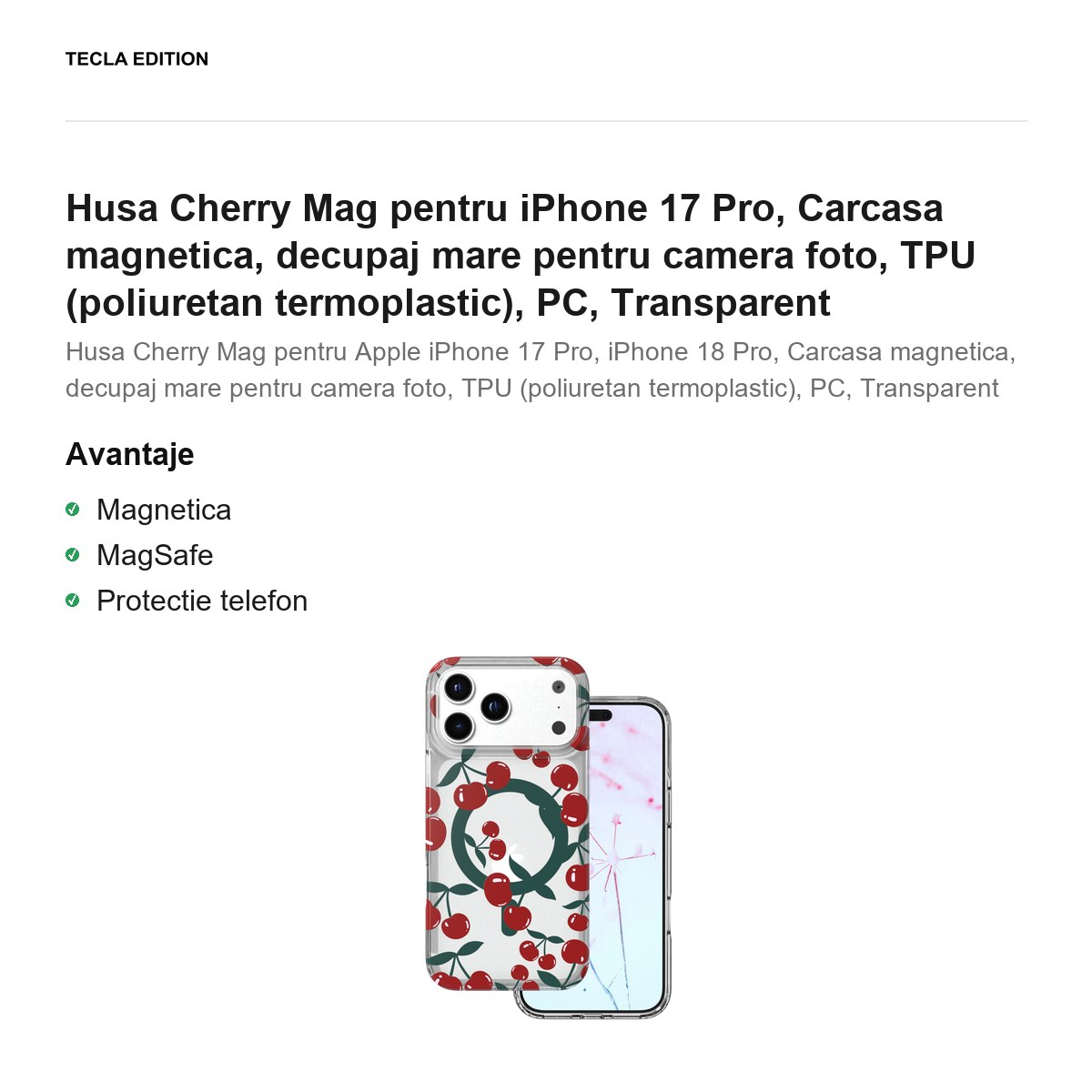Husa Cherry Mag pentru iPhone 17 Pro, Carcasa magnetica, decupaj mare pentru camera foto, TPU (poliuretan termoplastic), PC, Transparent [2]