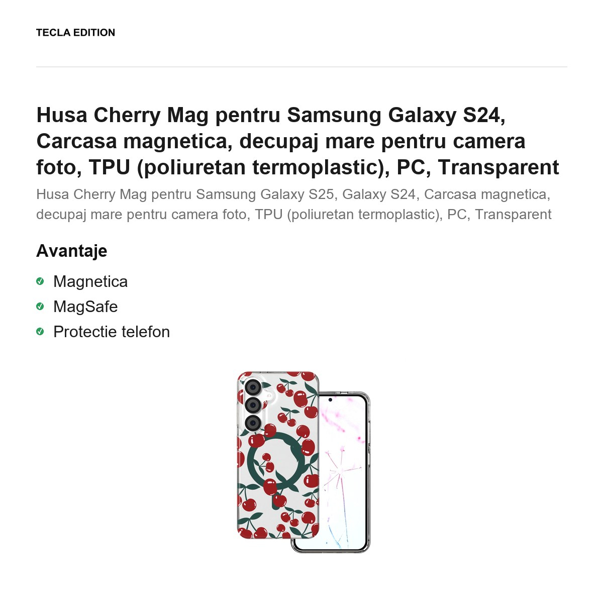 Husa Cherry Mag pentru Samsung Galaxy S24, Carcasa magnetica, decupaj mare pentru camera foto, TPU (poliuretan termoplastic), PC, Transparent [2]