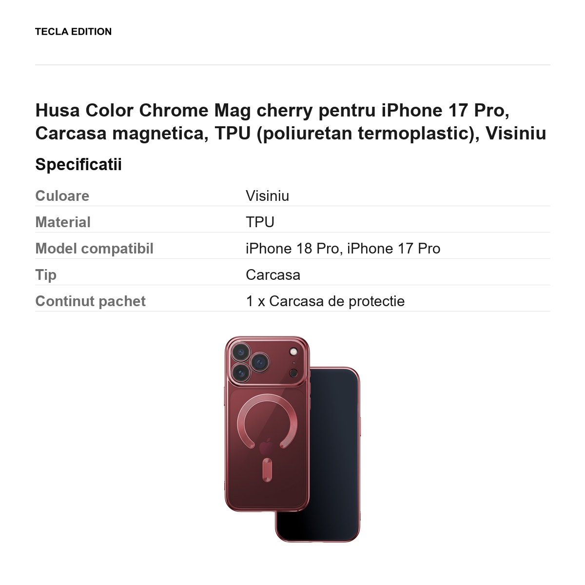 Husa Color Chrome Mag cherry pentru iPhone 17 Pro, Carcasa magnetica, TPU (poliuretan termoplastic), Visiniu [3]