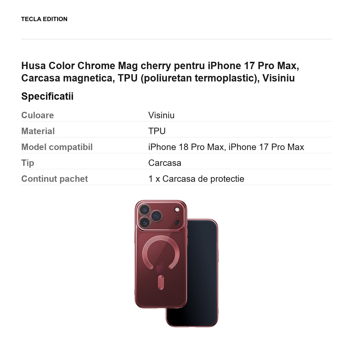 Husa Color Chrome Mag cherry pentru iPhone 17 Pro Max, Carcasa magnetica, TPU (poliuretan termoplastic), Visiniu [3]
