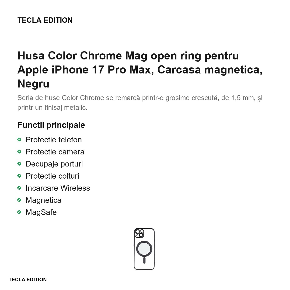 Husa Color Chrome Mag open ring pentru Apple iPhone 17 Pro Max, Carcasa magnetica, Negru [2]