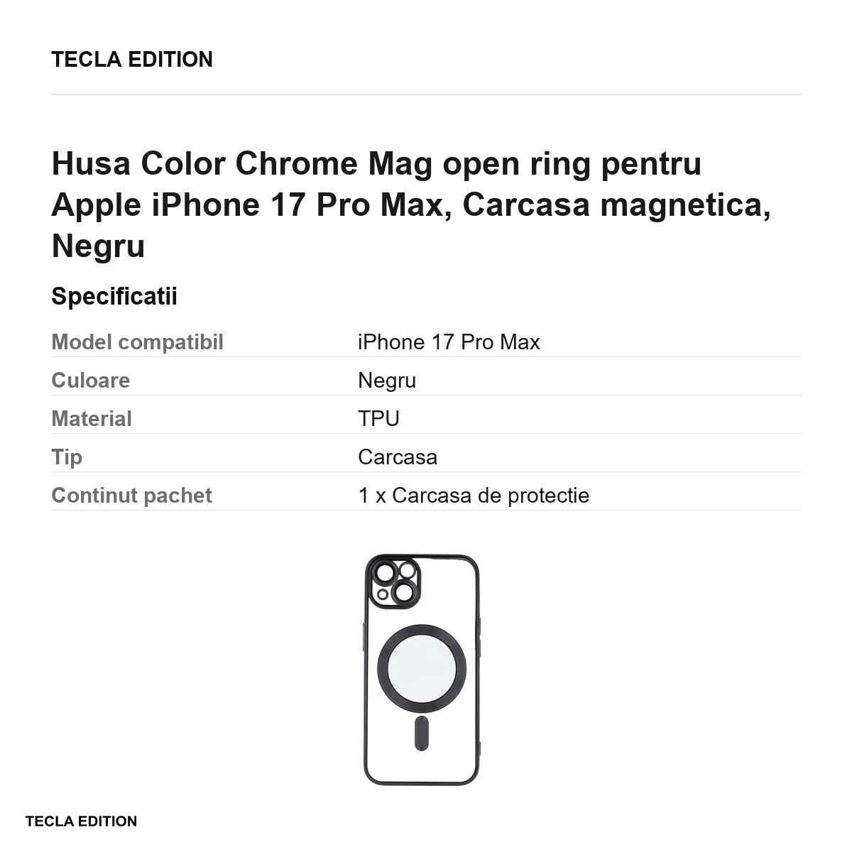 Husa Color Chrome Mag open ring pentru Apple iPhone 17 Pro Max, Carcasa magnetica, Negru [3]