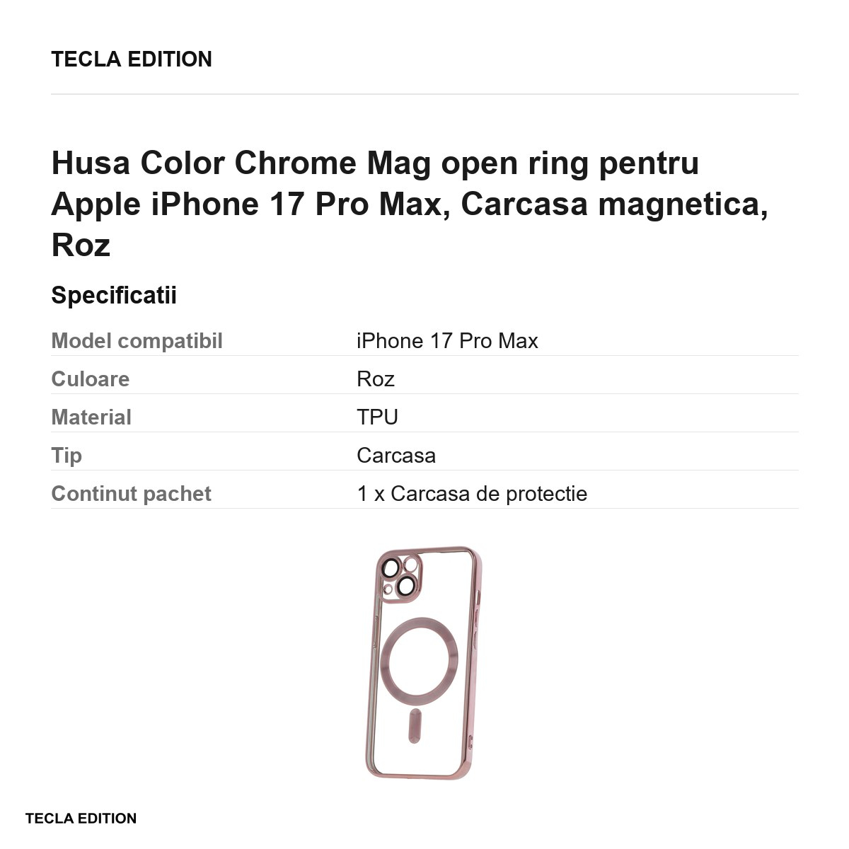 Husa Color Chrome Mag open ring pentru Apple iPhone 17 Pro Max, Carcasa magnetica, Roz [3]
