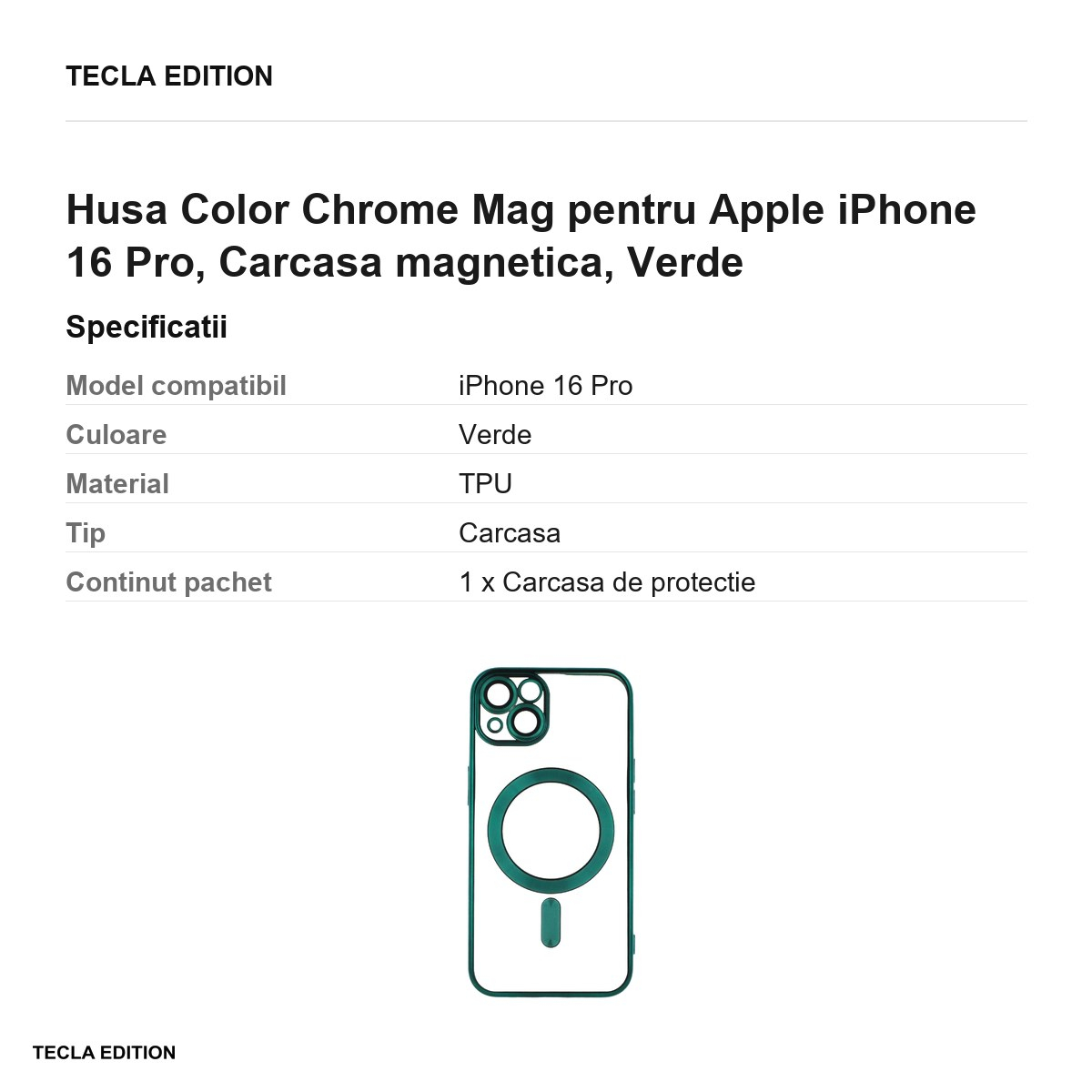 Husa Color Chrome Mag pentru Apple iPhone 16 Pro, Carcasa magnetica, Verde [3]