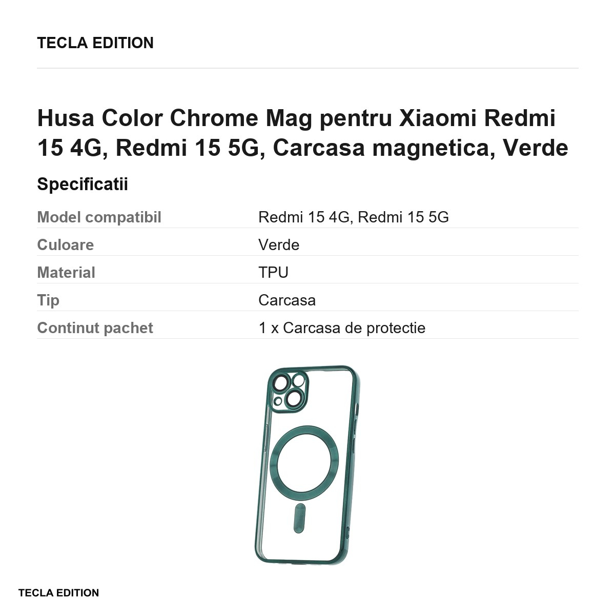 Husa Color Chrome Mag pentru Xiaomi Redmi 15 4G, Redmi 15 5G, Carcasa magnetica, Verde [3]