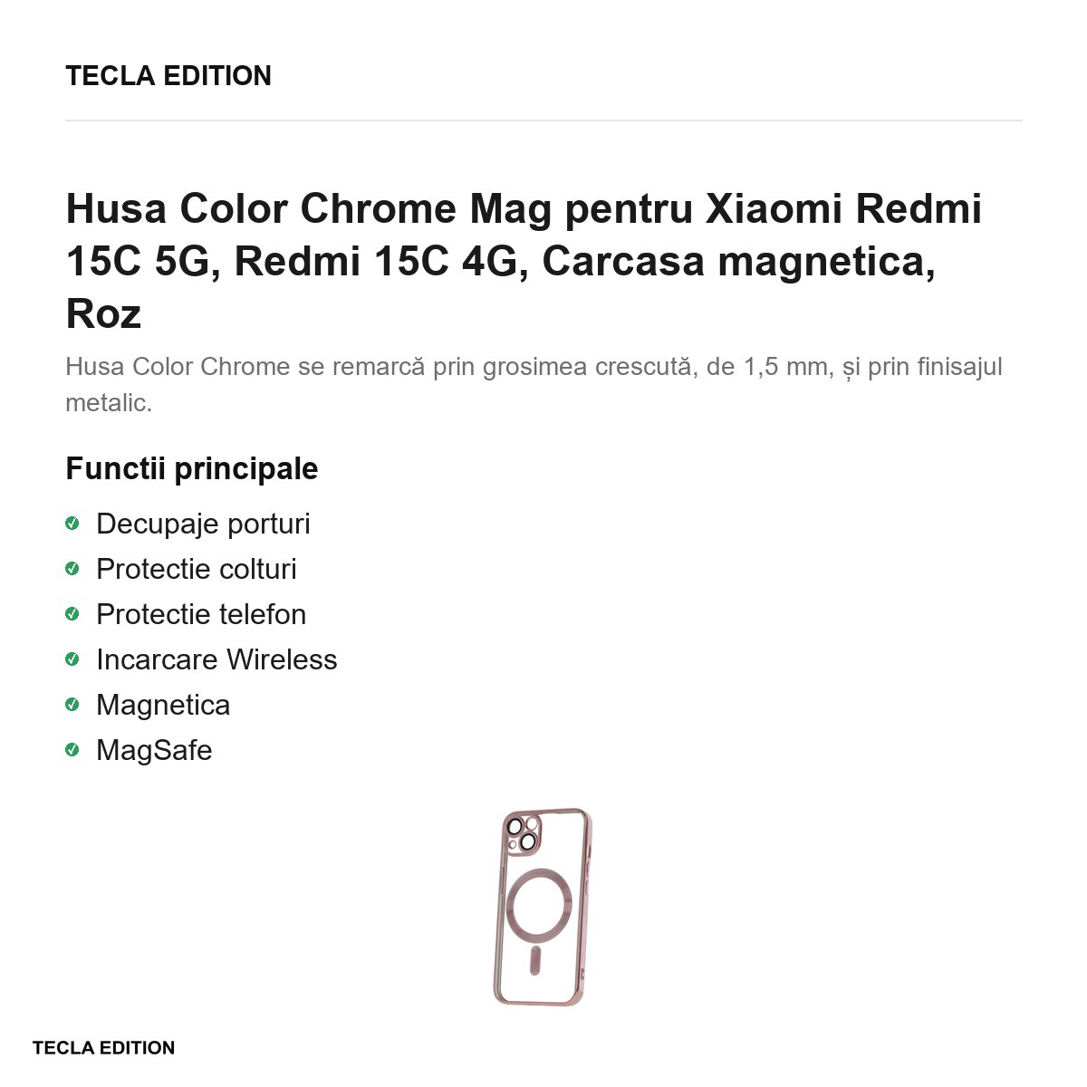 Husa Color Chrome Mag pentru Xiaomi Redmi 15C 5G, Redmi 15C 4G, Carcasa magnetica, Roz [2]