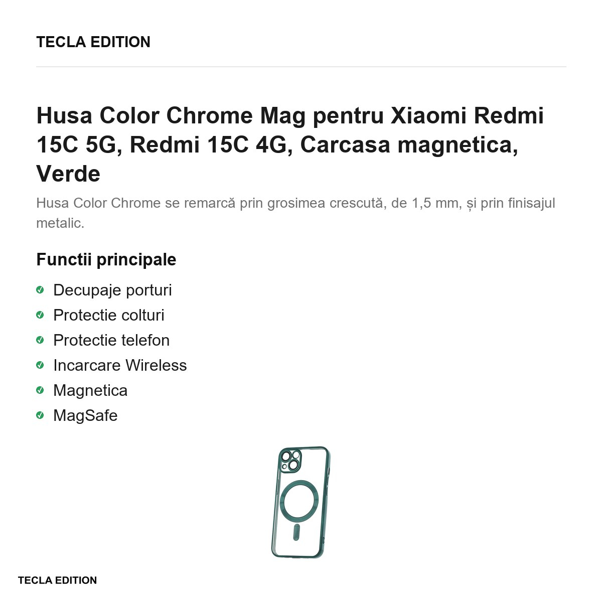 Husa Color Chrome Mag pentru Xiaomi Redmi 15C 5G, Redmi 15C 4G, Carcasa magnetica, Verde [2]
