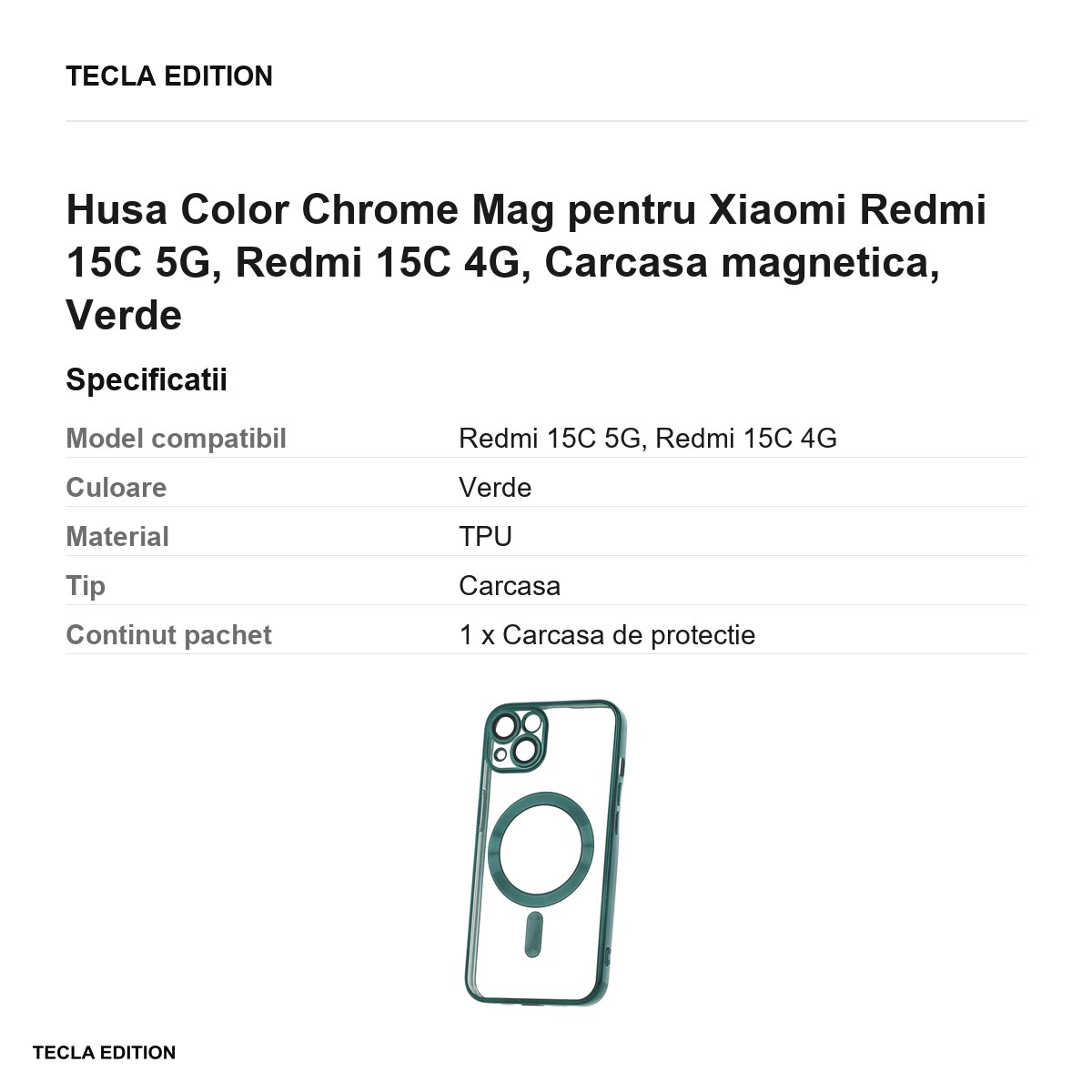 Husa Color Chrome Mag pentru Xiaomi Redmi 15C 5G, Redmi 15C 4G, Carcasa magnetica, Verde [3]