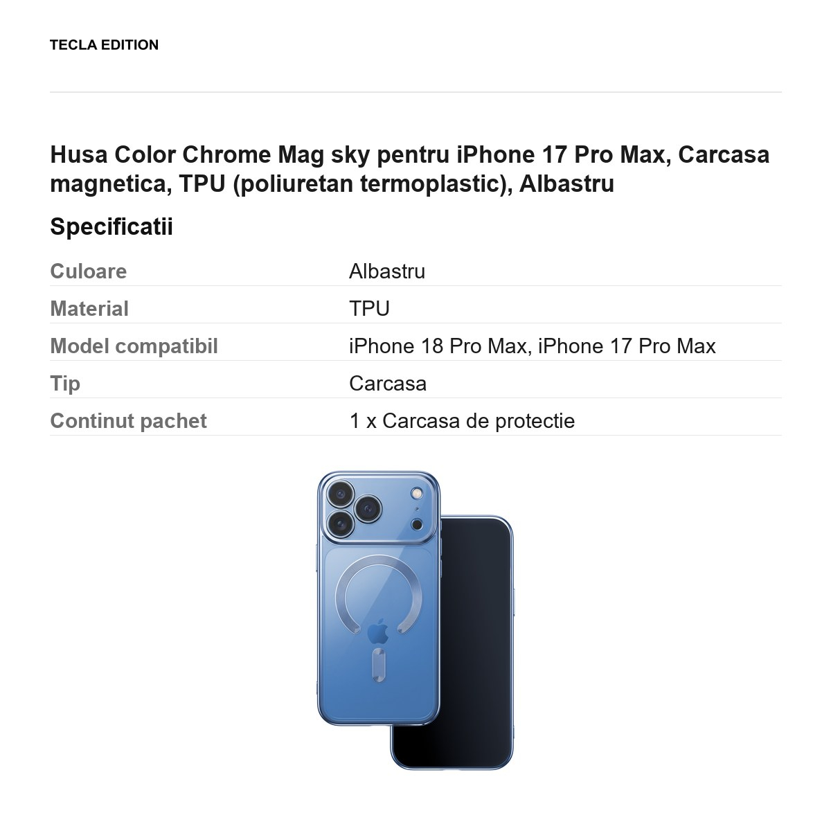 Husa Color Chrome Mag sky pentru iPhone 17 Pro Max, Carcasa magnetica, TPU (poliuretan termoplastic), Albastru [3]