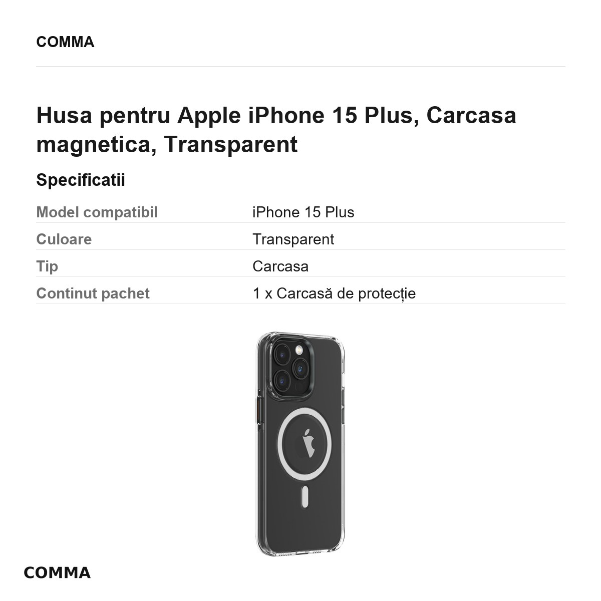 Husa Comma Crystal Mag pentru Apple iPhone 15 Plus, Carcasa magnetica, Transparent [3]