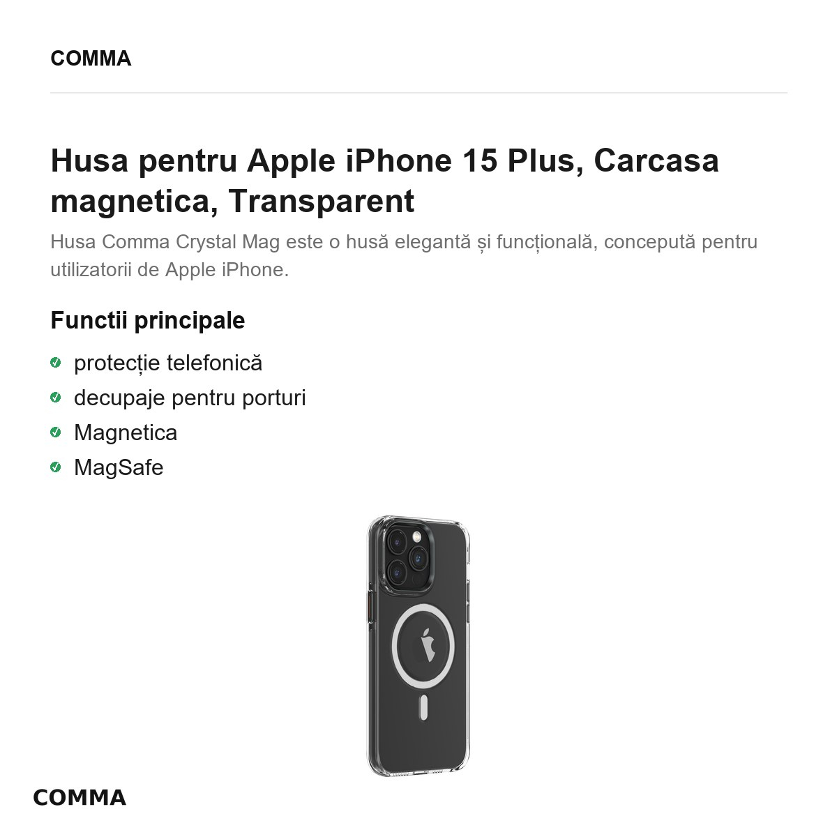 Husa Comma Crystal Mag pentru Apple iPhone 15 Plus, Carcasa magnetica, Transparent [2]