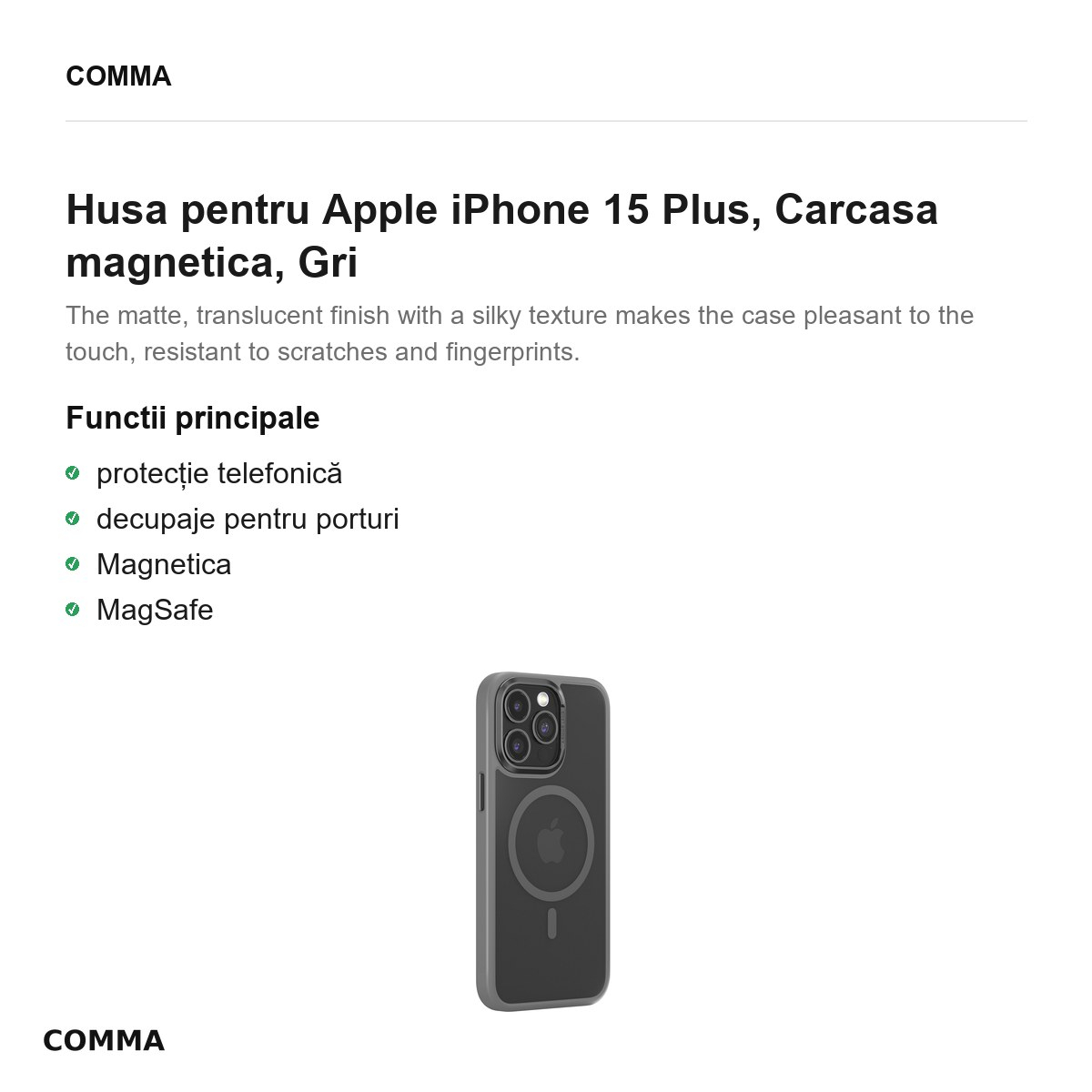 Husa Comma Joy Elegant Mag pentru Apple iPhone 15 Plus, Carcasa magnetica, Gri [2]