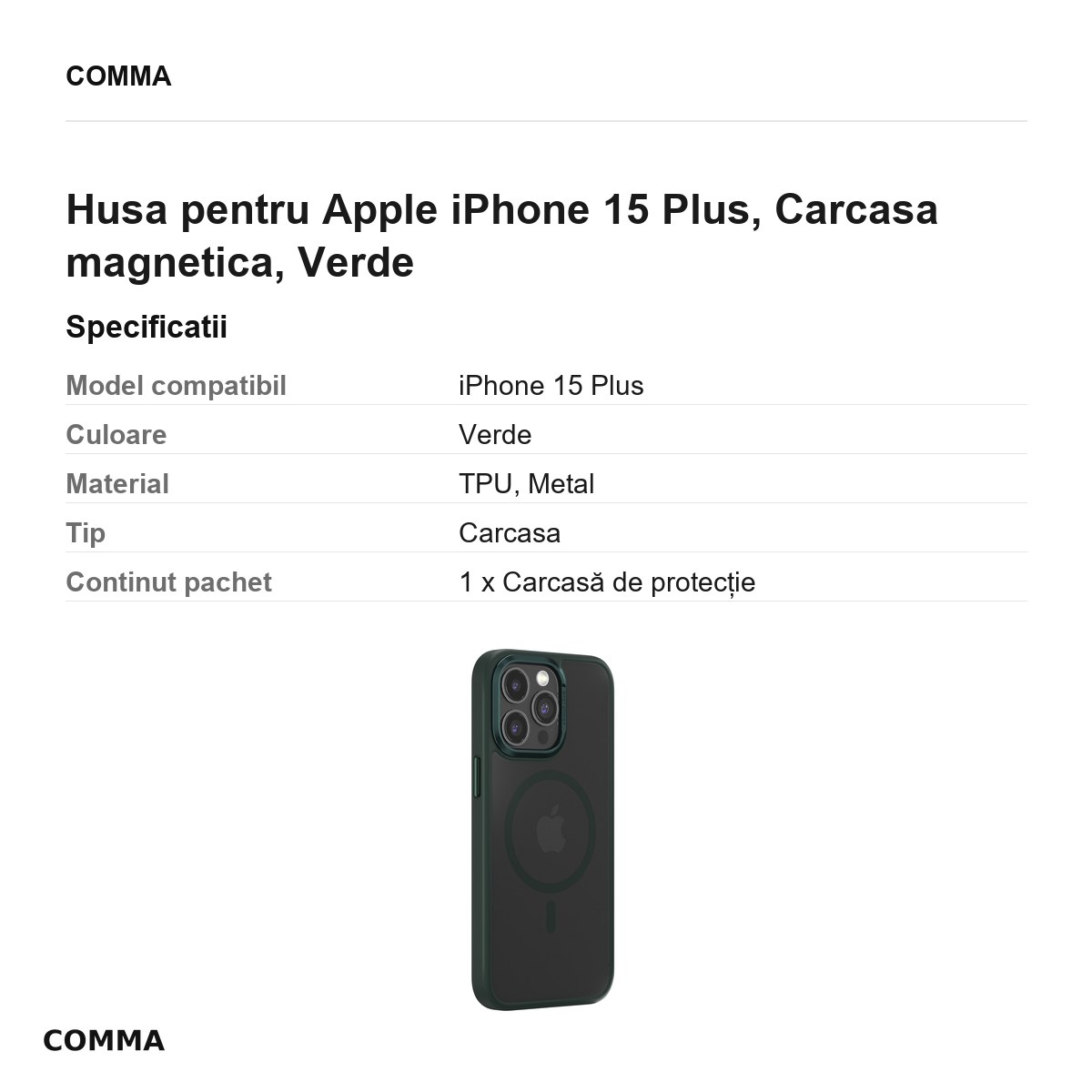 Husa Comma Joy Elegant Mag pentru Apple iPhone 15 Plus, Carcasa magnetica, Verde [3]