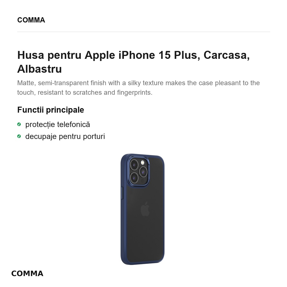 Husa Comma Joy Elegant pentru Apple iPhone 15 Plus, Carcasa, Albastru [2]