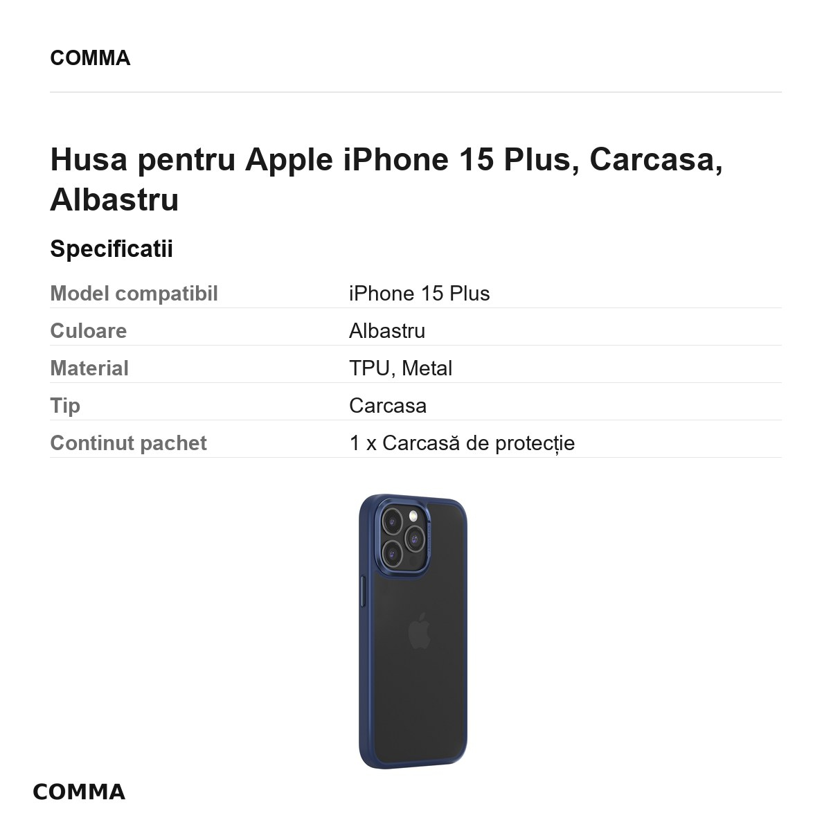 Husa Comma Joy Elegant pentru Apple iPhone 15 Plus, Carcasa, Albastru [3]