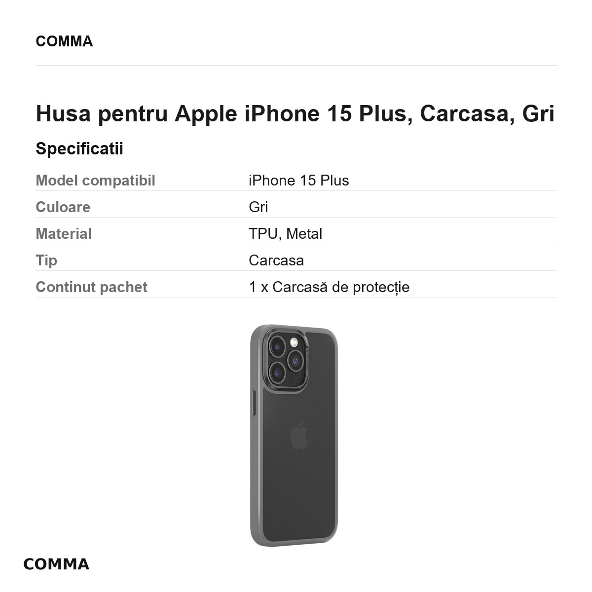 Husa Comma Joy Elegant pentru Apple iPhone 15 Plus, Carcasa, Gri [3]