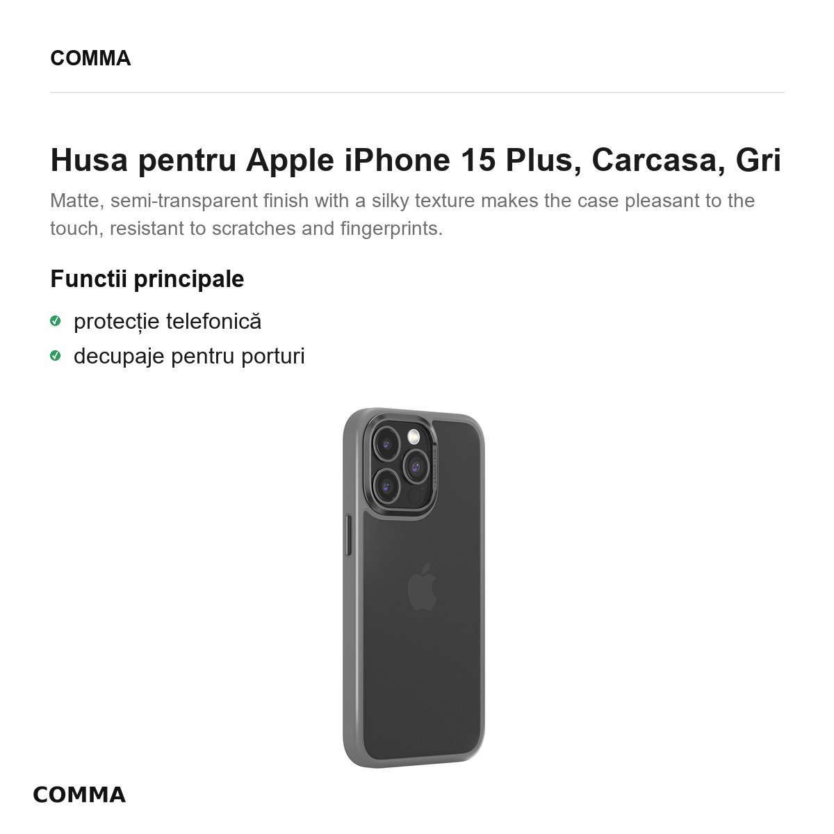 Husa Comma Joy Elegant pentru Apple iPhone 15 Plus, Carcasa, Gri [2]