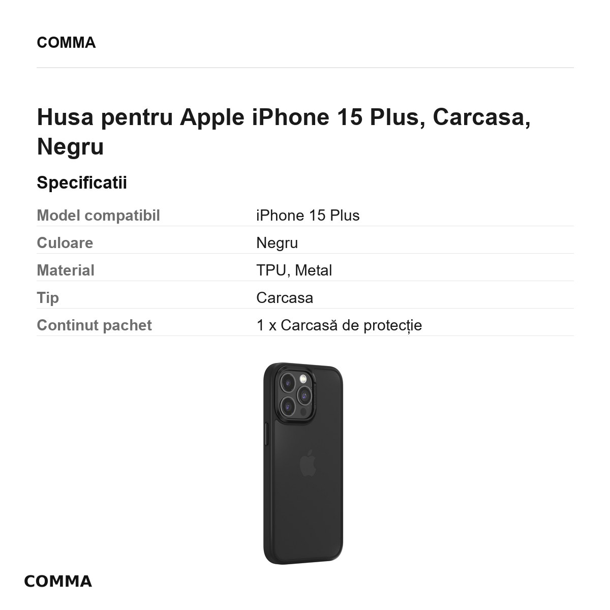 Husa Comma Joy Elegant pentru Apple iPhone 15 Plus, Carcasa, Negru [3]