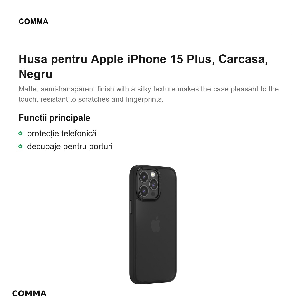 Husa Comma Joy Elegant pentru Apple iPhone 15 Plus, Carcasa, Negru [2]