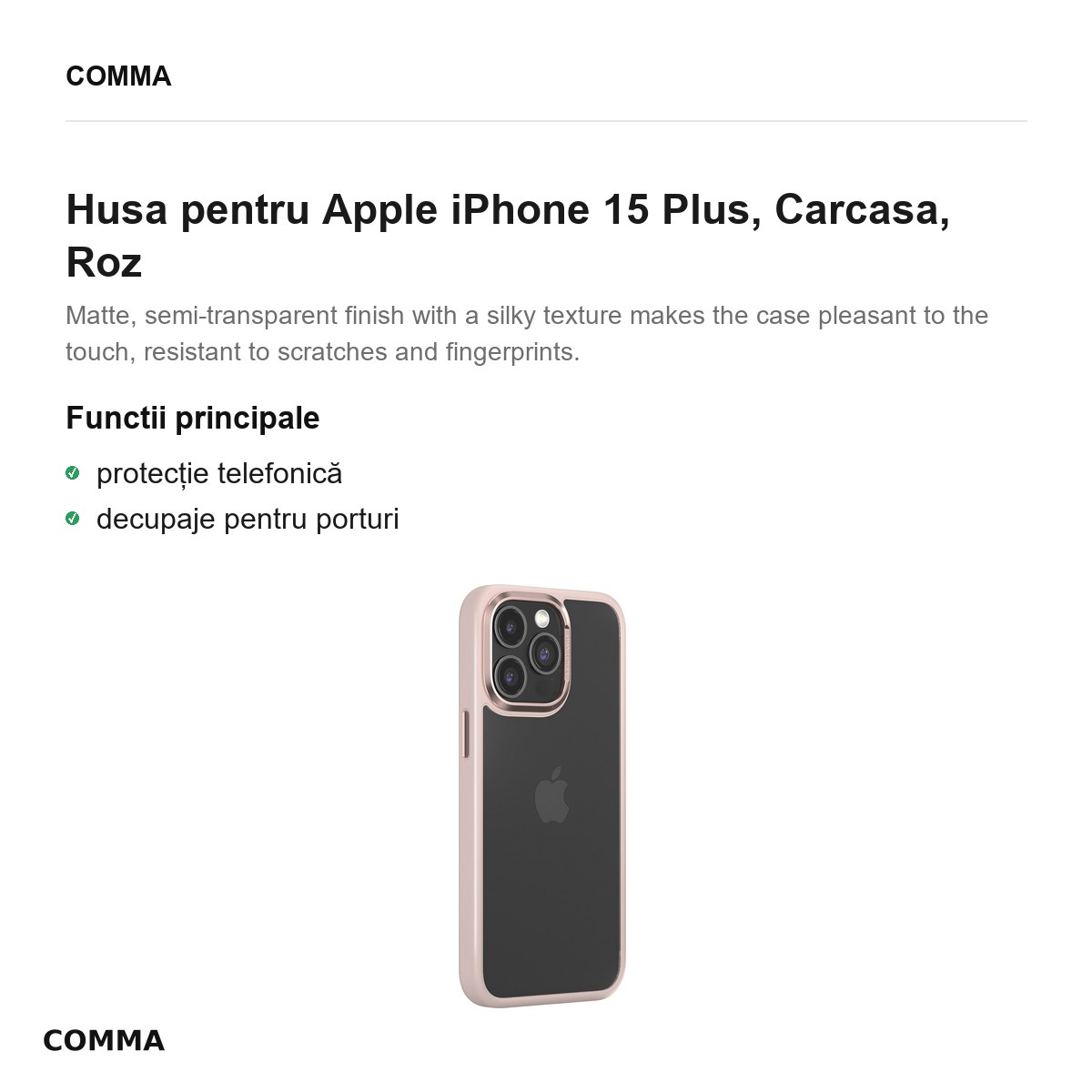 Husa Comma Joy Elegant pentru Apple iPhone 15 Plus, Carcasa, Roz [2]