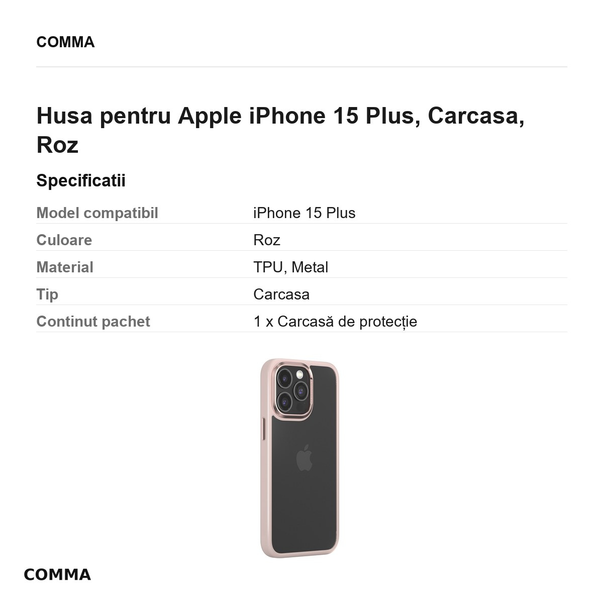 Husa Comma Joy Elegant pentru Apple iPhone 15 Plus, Carcasa, Roz [3]