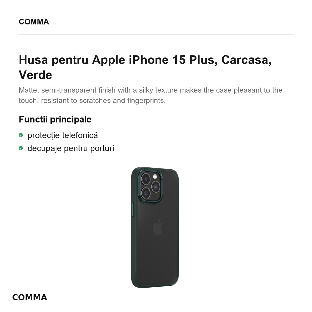 Husa Comma Joy Elegant pentru Apple iPhone 15 Plus, Carcasa, Verde [2]