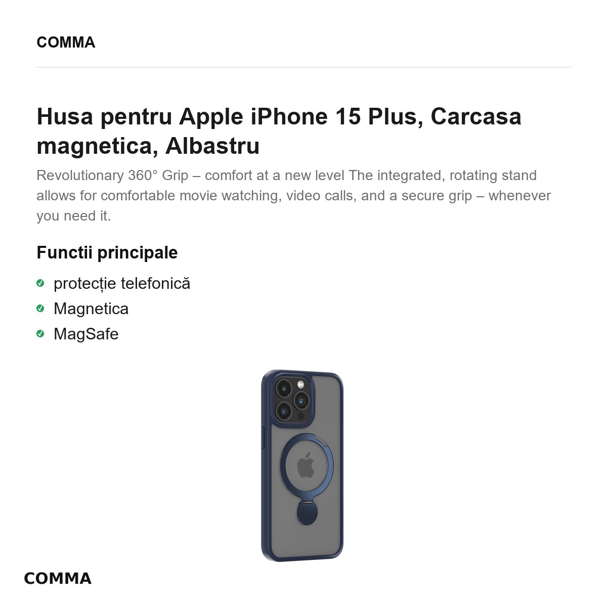 Husa Comma Joy Shark Mag pentru Apple iPhone 15 Plus, Carcasa magnetica, Albastru [2]