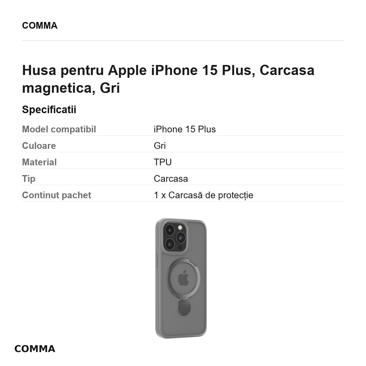 Husa Comma Joy Shark Mag pentru Apple iPhone 15 Plus, Carcasa magnetica, Gri [3]