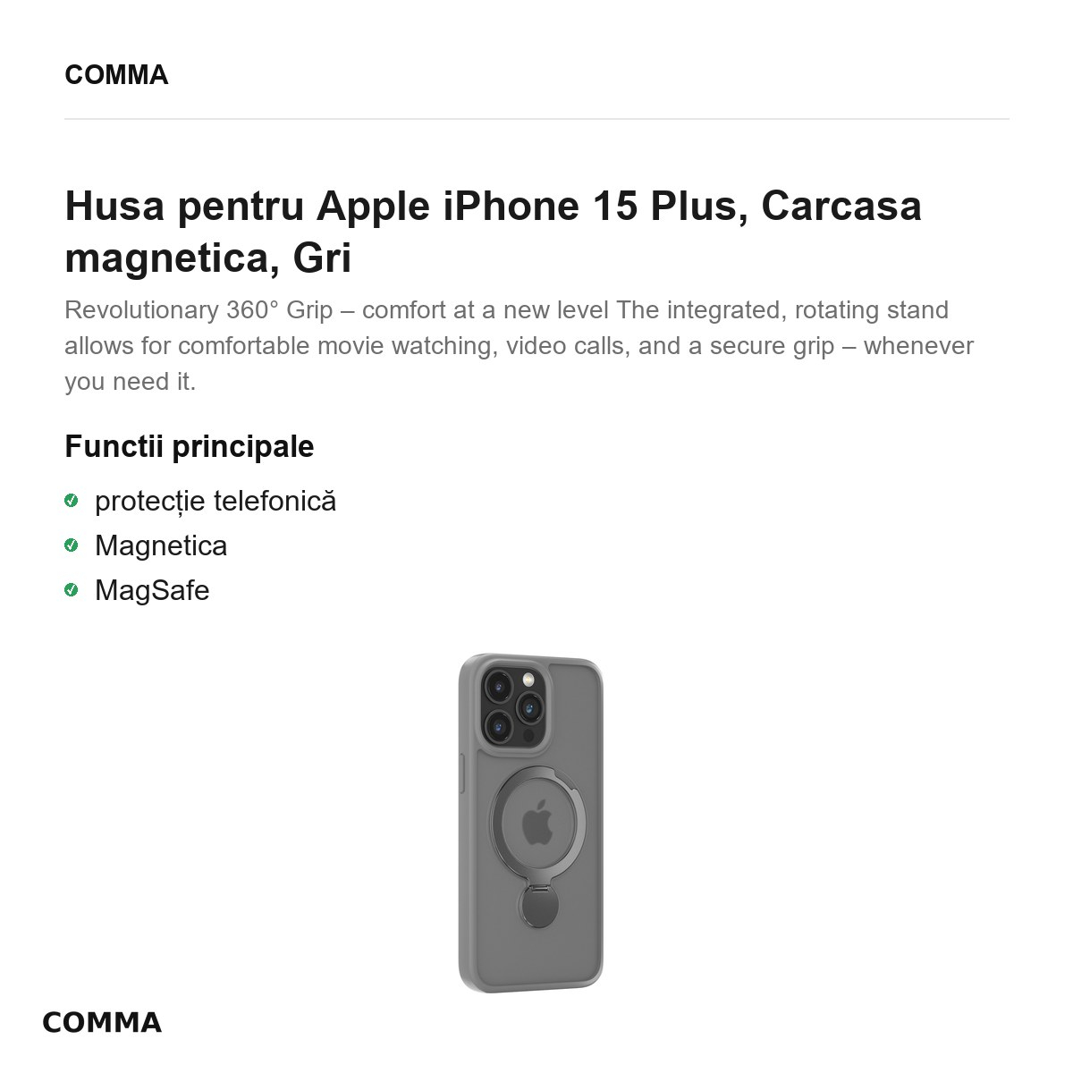 Husa Comma Joy Shark Mag pentru Apple iPhone 15 Plus, Carcasa magnetica, Gri [2]