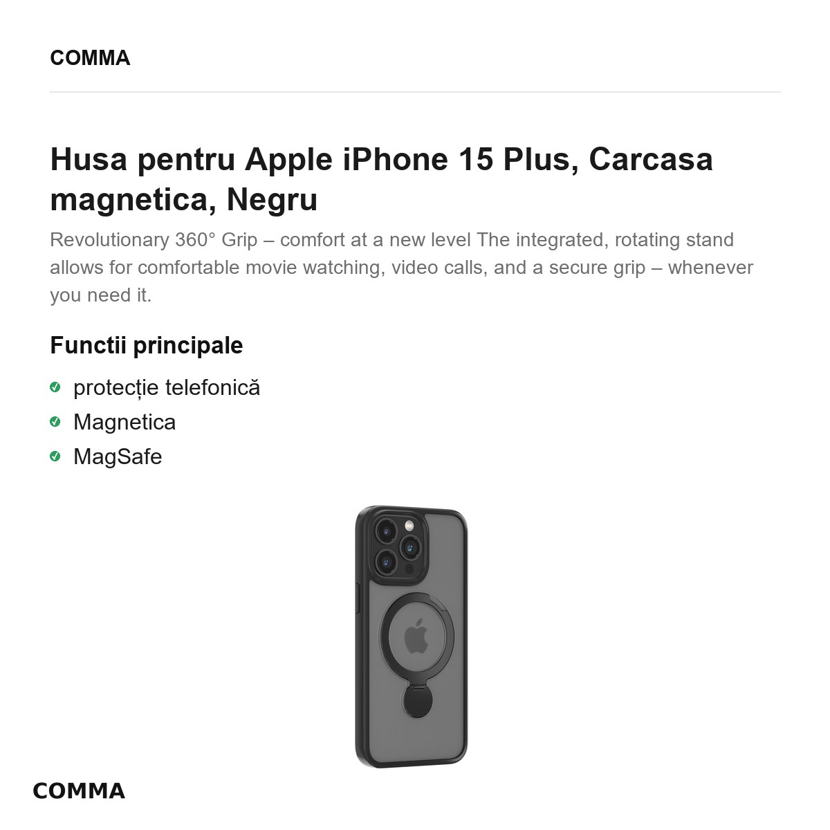Husa Comma Joy Shark Mag pentru Apple iPhone 15 Plus, Carcasa magnetica, Negru [2]