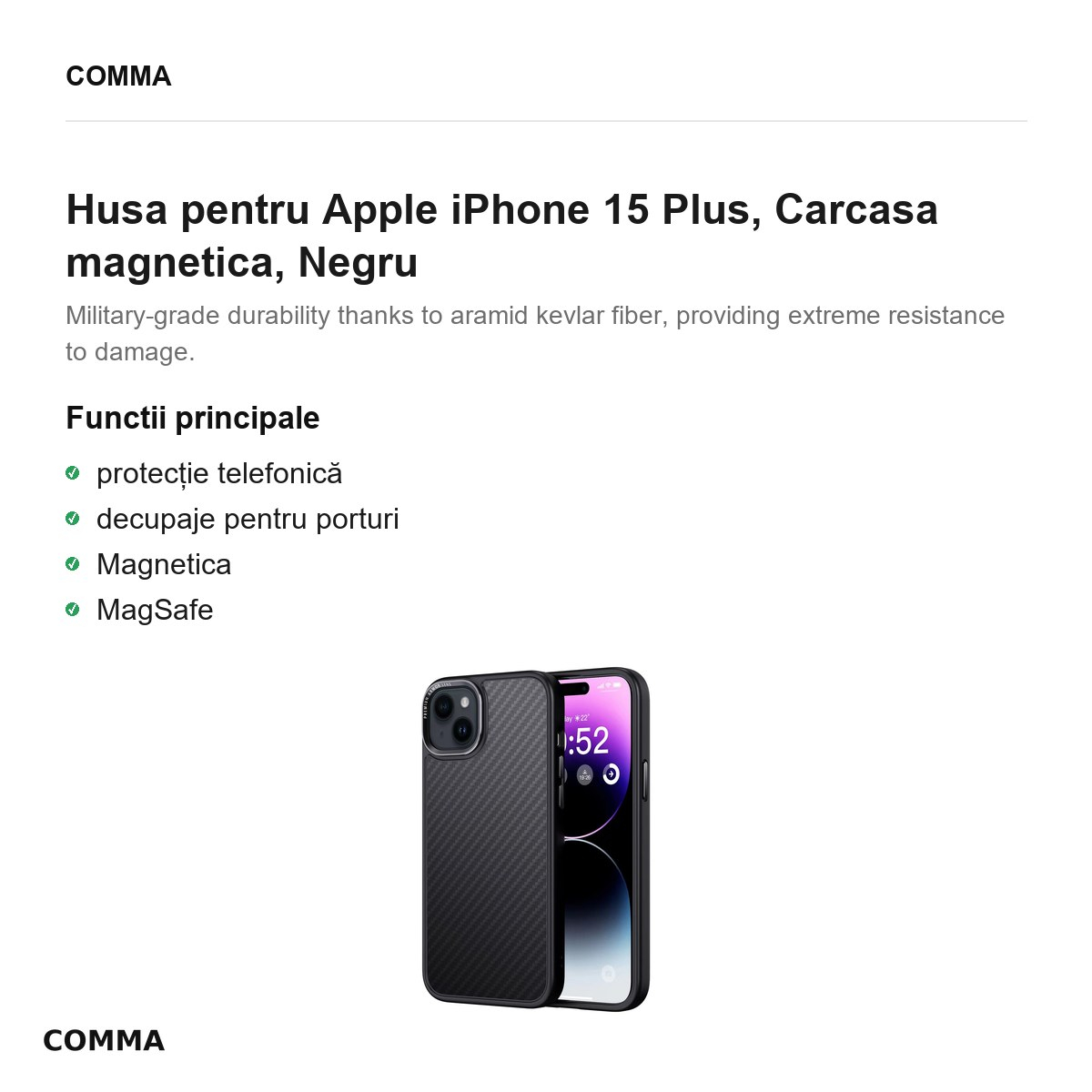Husa Comma Kevlar Mag pentru Apple iPhone 15 Plus, Carcasa magnetica, Negru [2]
