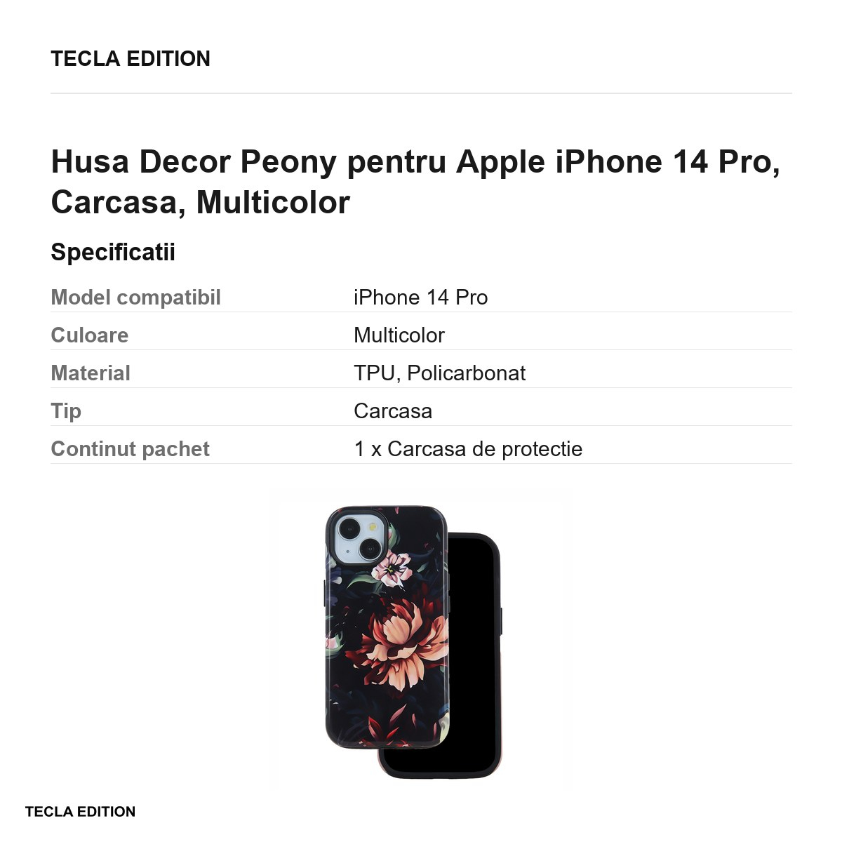 Husa Decor Peony pentru Apple iPhone 14 Pro, Carcasa, Multicolor [3]