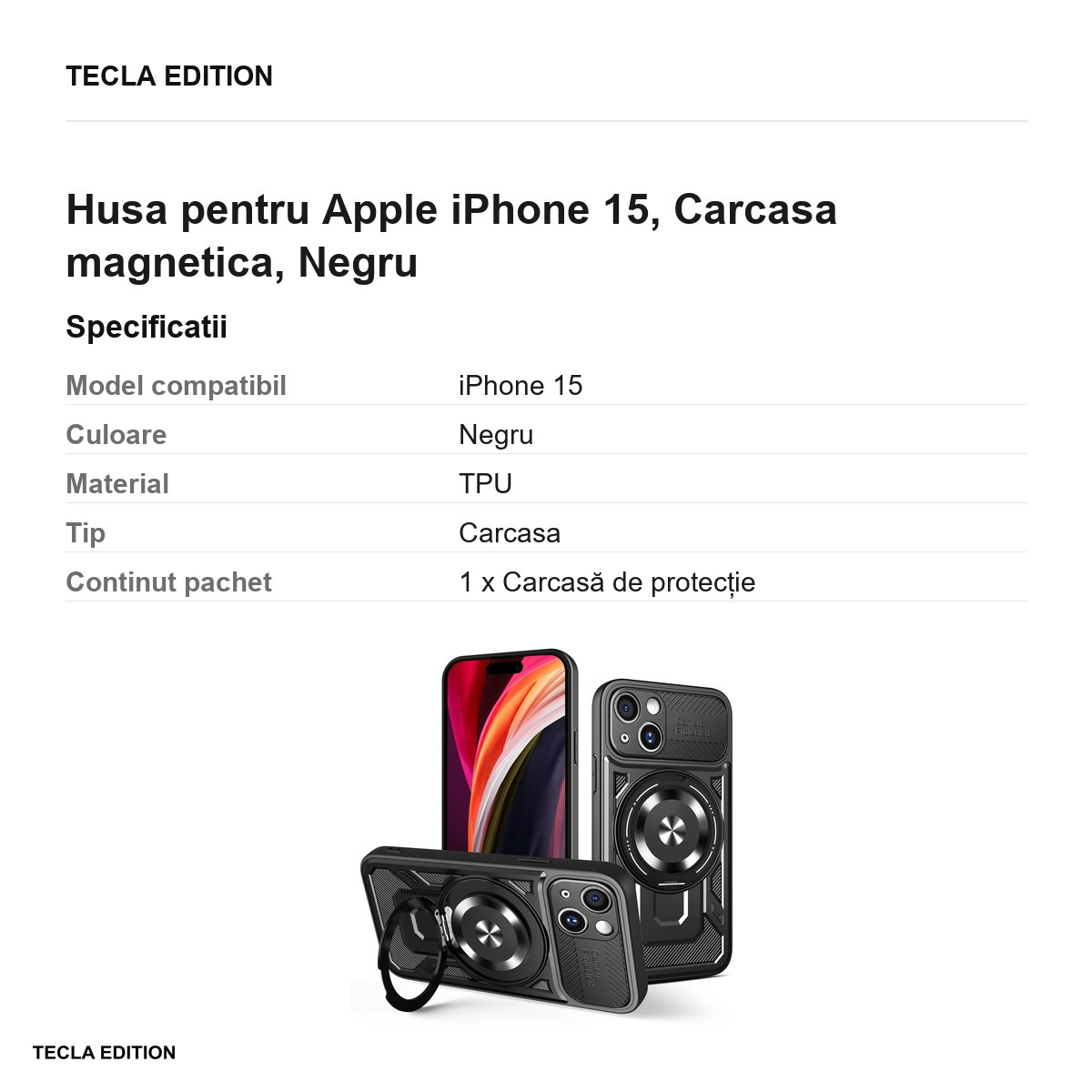 Husa Defender Armor Mag pentru Apple iPhone 15, Carcasa magnetica, Negru [3]