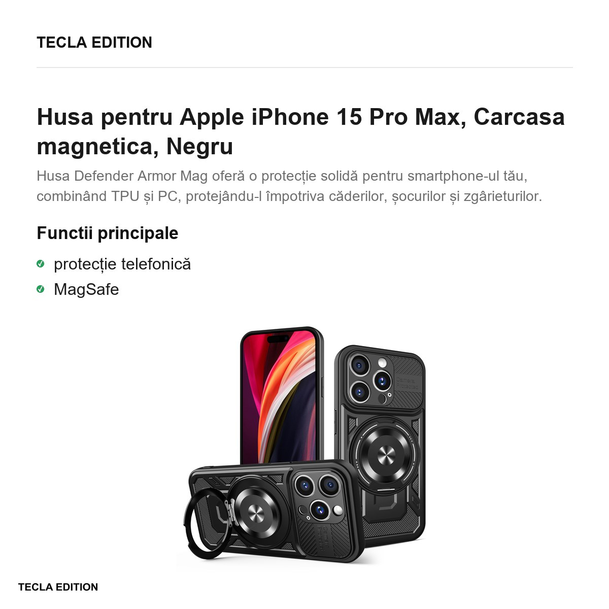 Husa Defender Armor Mag pentru Apple iPhone 15 Pro Max, Carcasa magnetica, Negru [2]