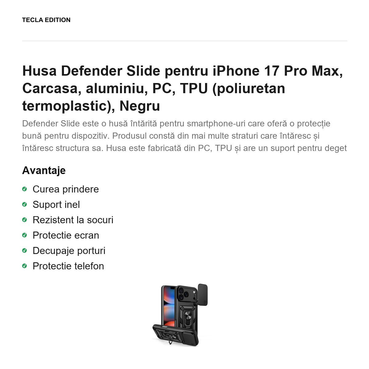 Husa Defender Slide pentru iPhone 17 Pro Max, Carcasa, aluminiu, PC, TPU (poliuretan termoplastic), Negru [2]