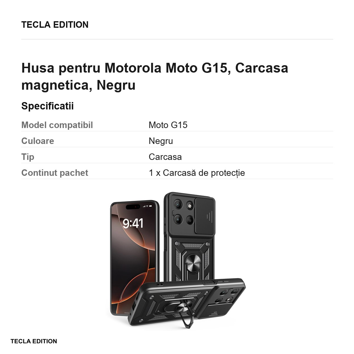Husa Defender Slide pentru Motorola Moto G15, Carcasa magnetica, Negru [3]