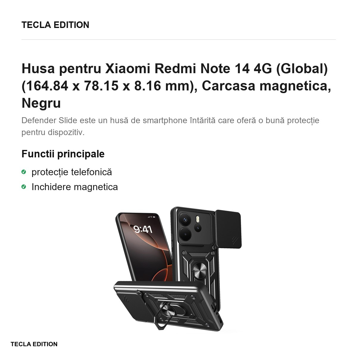 Husa Defender Slide pentru Xiaomi Redmi Note 14 4G (Global), Carcasa magnetica, Negru [2]
