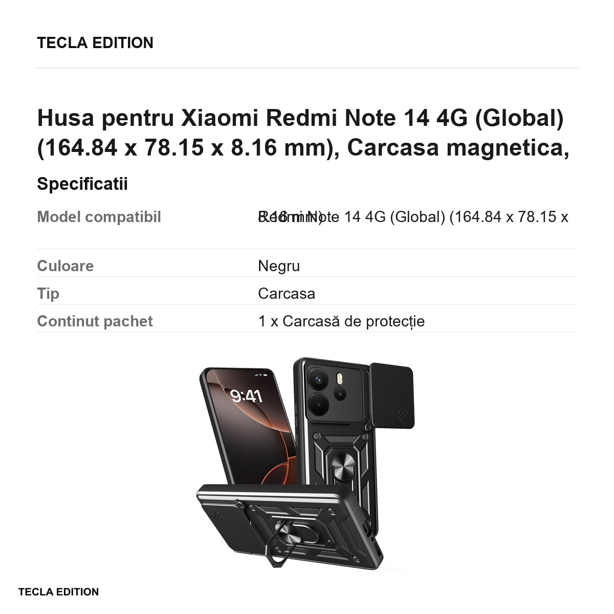 Husa Defender Slide pentru Xiaomi Redmi Note 14 4G (Global), Carcasa magnetica, Negru [3]