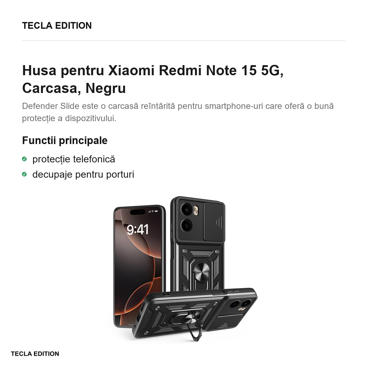 Husa Defender Slide pentru Xiaomi Redmi Note 15 5G, Carcasa, Negru [2]