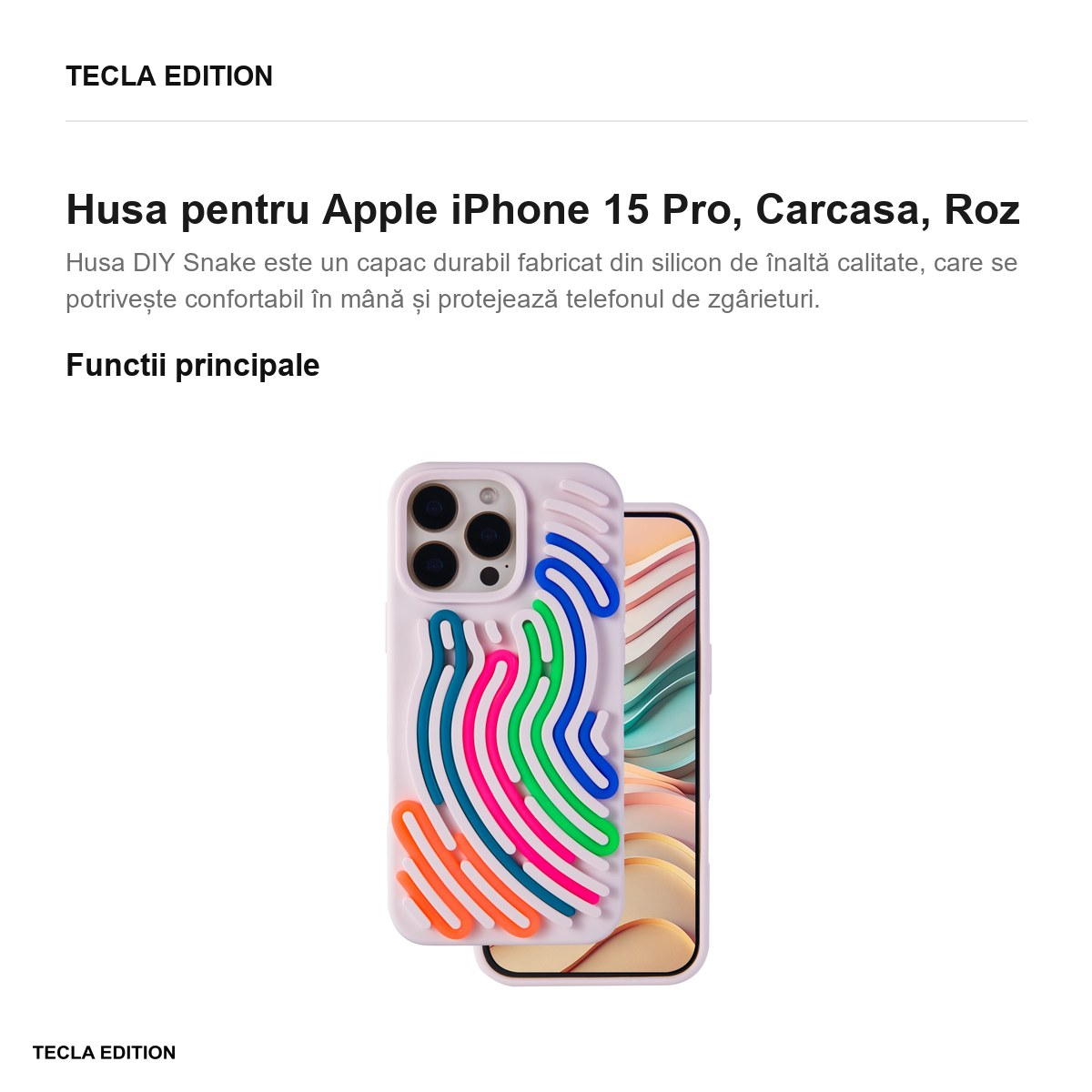 Husa DIY Snake pentru Apple iPhone 15 Pro, Carcasa, Roz [3]