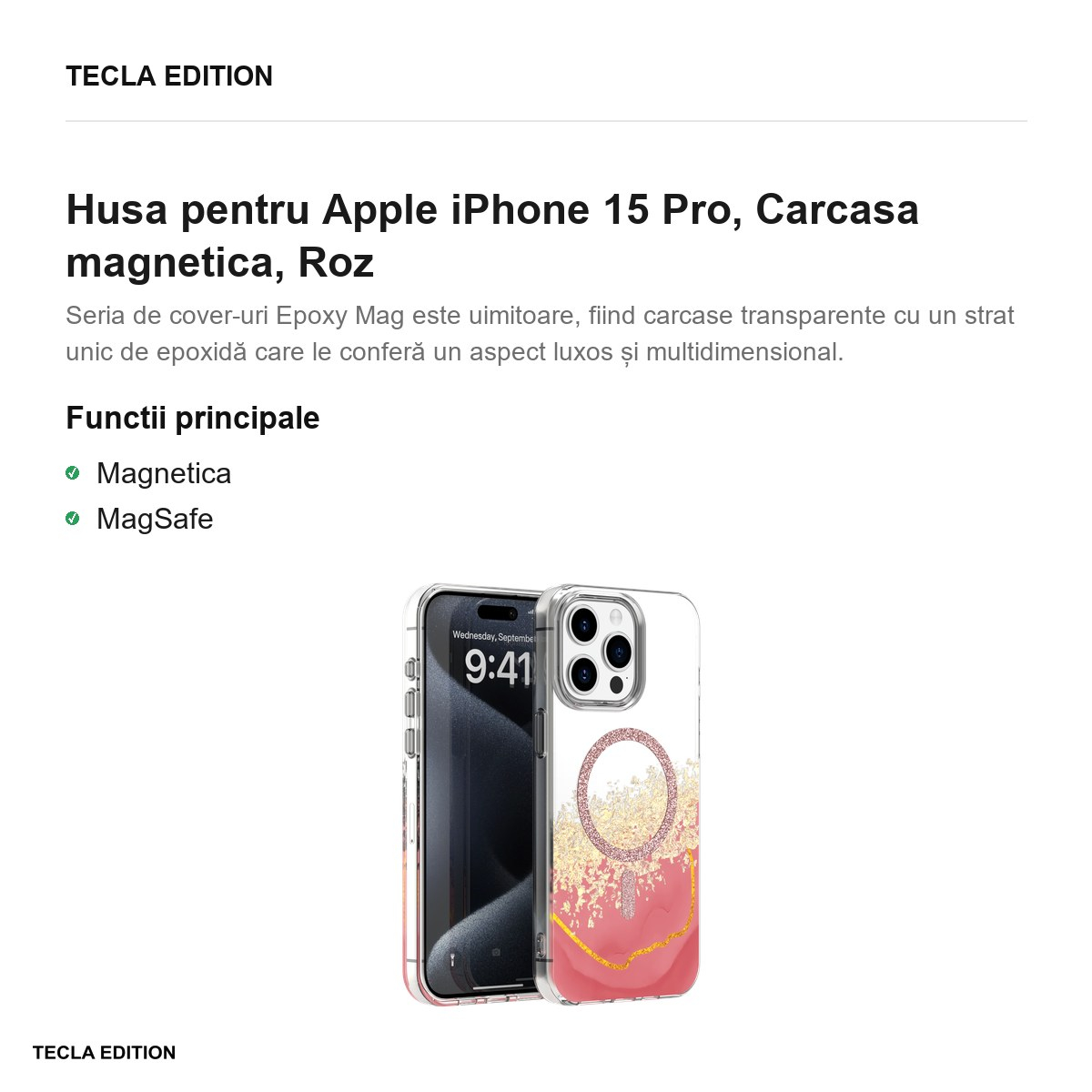 Husa Epoxy Mag pentru Apple iPhone 15 Pro, Carcasa magnetica, Roz [3]