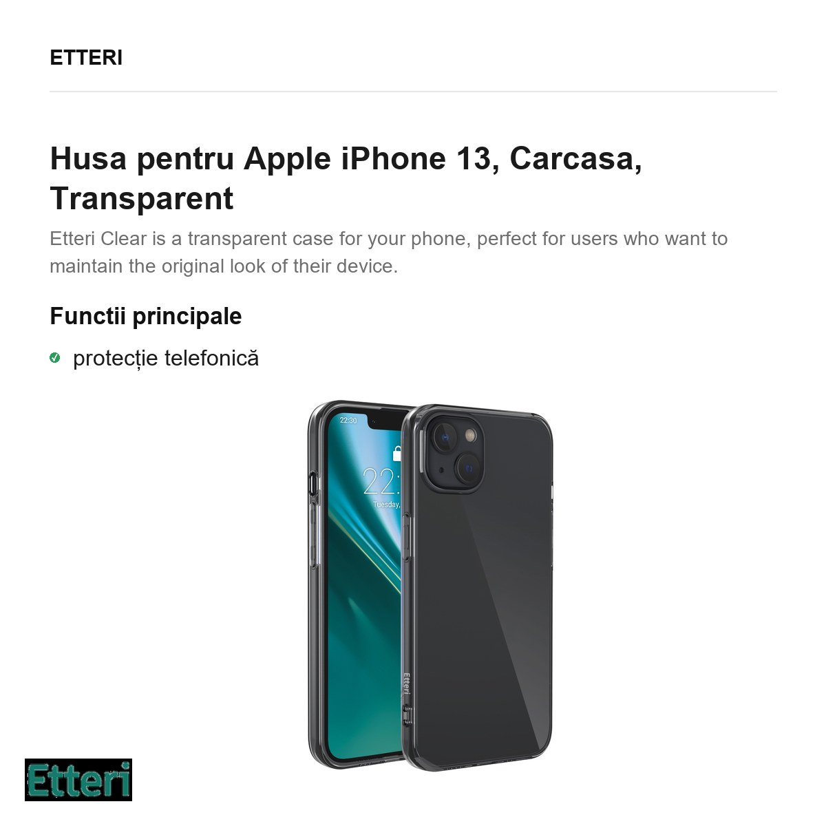 Husa Etteri Clear pentru Apple iPhone 13, Carcasa, Transparent [2]