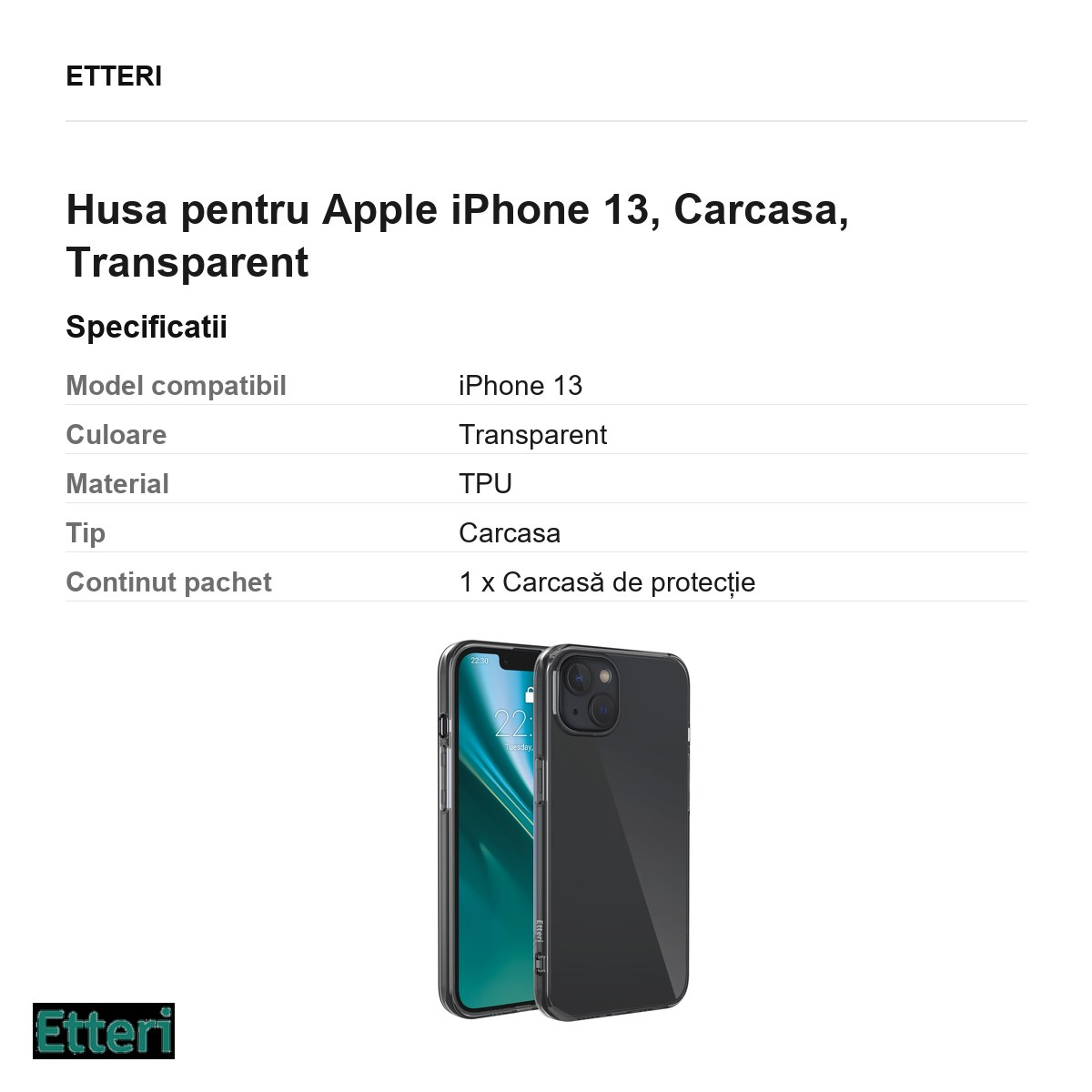 Husa Etteri Clear pentru Apple iPhone 13, Carcasa, Transparent [3]