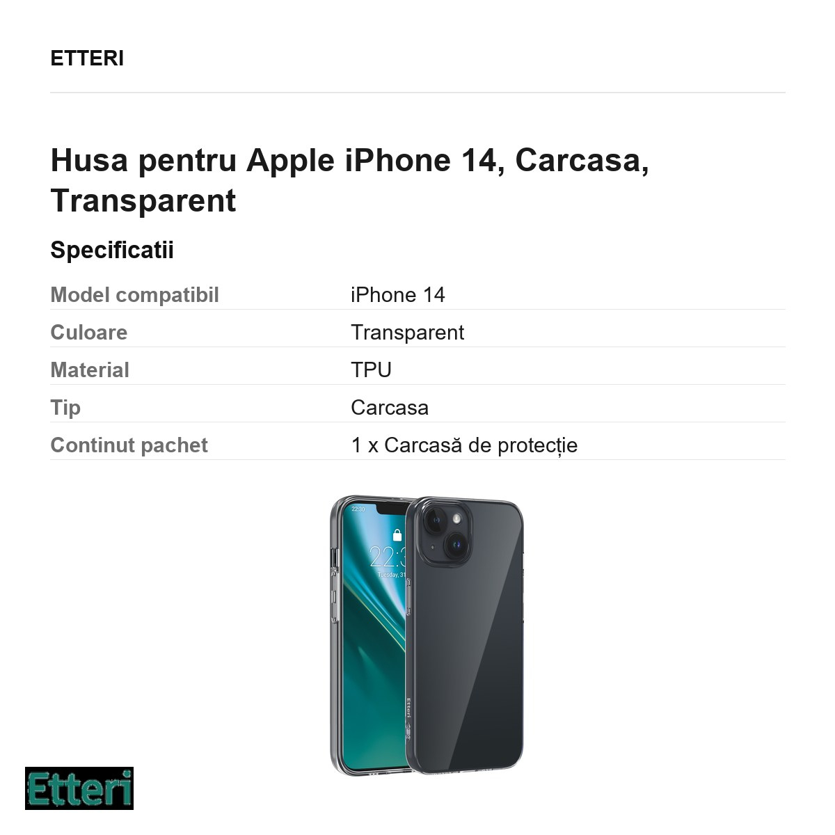 Husa Etteri Clear pentru Apple iPhone 14, Carcasa, Transparent [3]