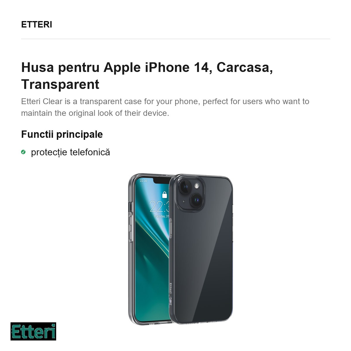 Husa Etteri Clear pentru Apple iPhone 14, Carcasa, Transparent [2]